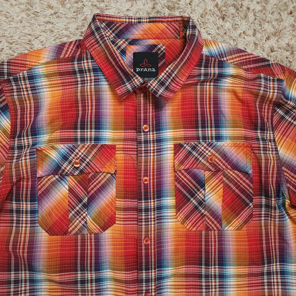 prAna Red Orange Phoenix Plaid Mens XL Short Sleeve Double Pocket Button Up